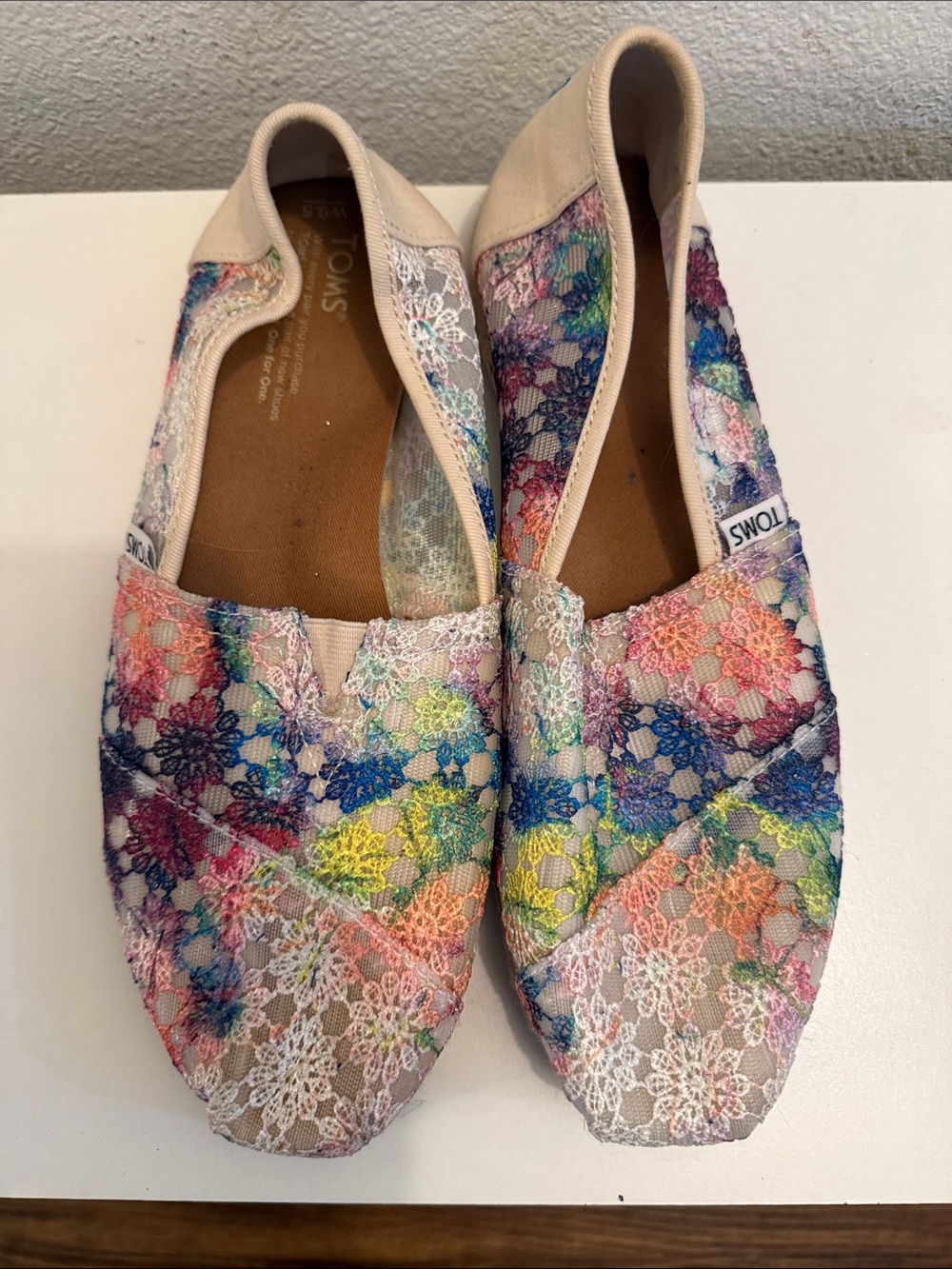 TOMS Multicolor Floral Lace Slip-On Flats with Cream Trim